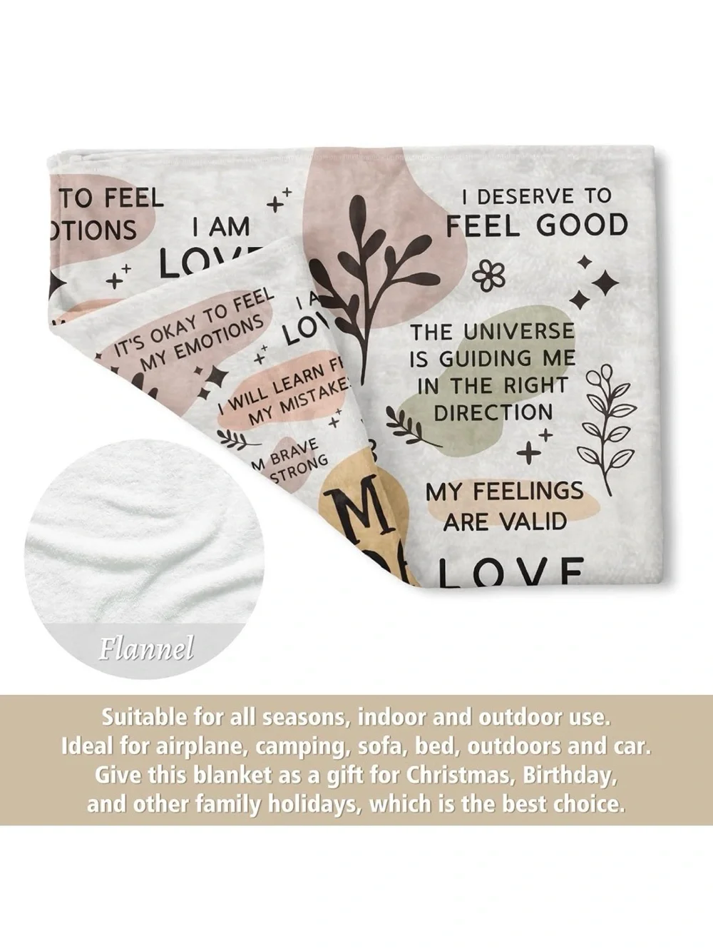 Mom Daily Affirmations Throw Blanket - White, Blush & Tan NWT